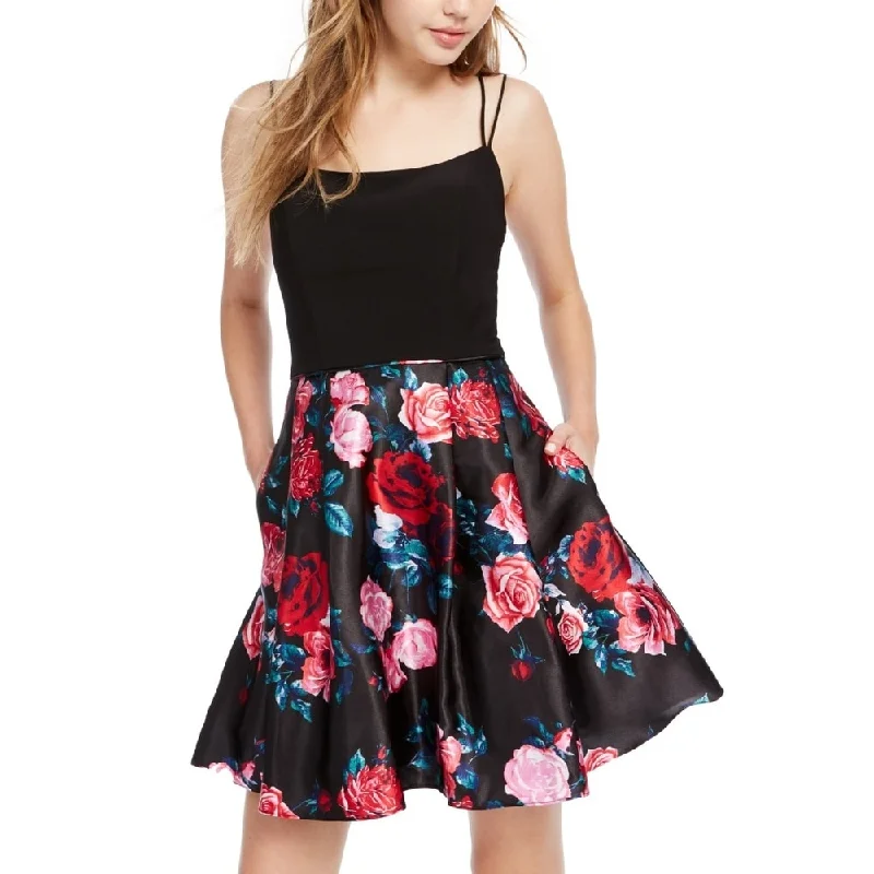 Blondie Nites Junior's A Line Floral Satin Pocket Dress Black Size 13 - 14