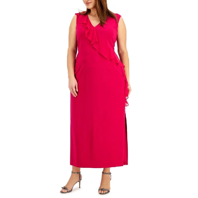 Connected Women's V Neck Ruffle Dress Pink Size 14W