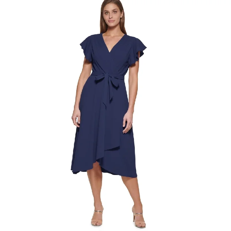 DKNY Women's Flutter Sleeve Faux Wrap Dress Blue Size 10