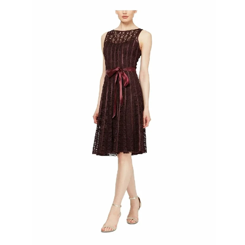 SL Fashions New York Women's Sleeveless Belted A-Line Dress Wine Size 16