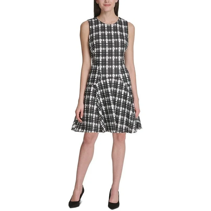 Tommy Hilfiger Women's Plaid Sleeveless Jewel Neck Knee Length Fit Flare Dress White Size 18