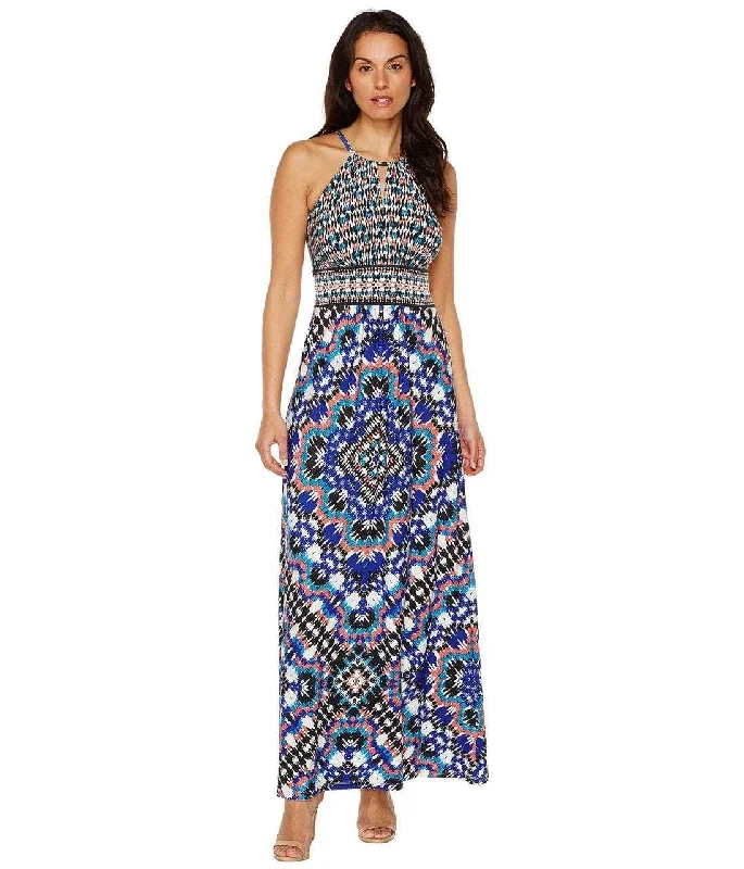 Maggy London T2658MNR Mixed Ikat Keyhole Cutout Halter Maxi Dress