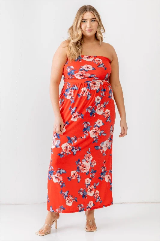 Plus Size Rose Flower Print Ruched Strapless Maxi Dress