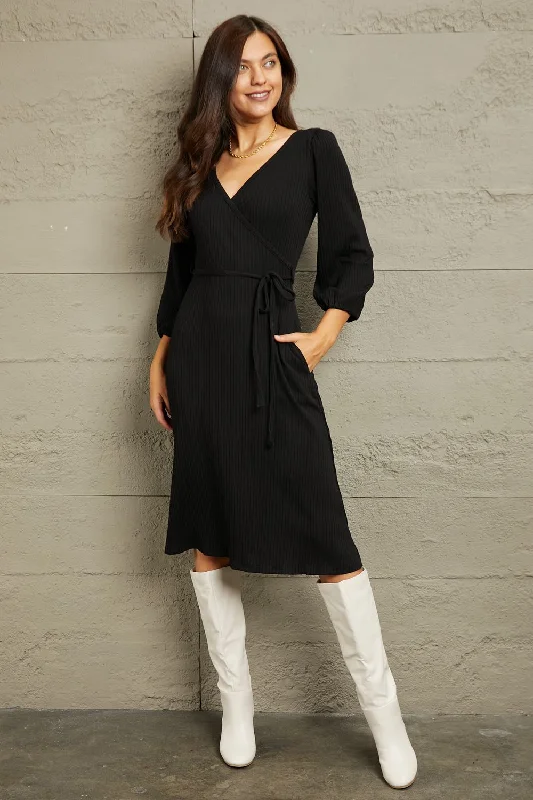 Black Surplice Midi Dress