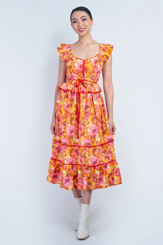 Multi Floral Red Piping Midi Dress