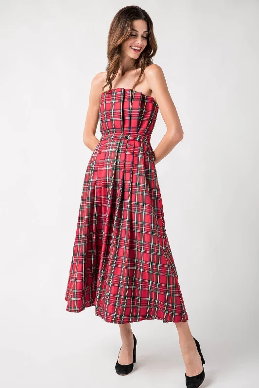 StyleU Plaid Strapless Midi Dress