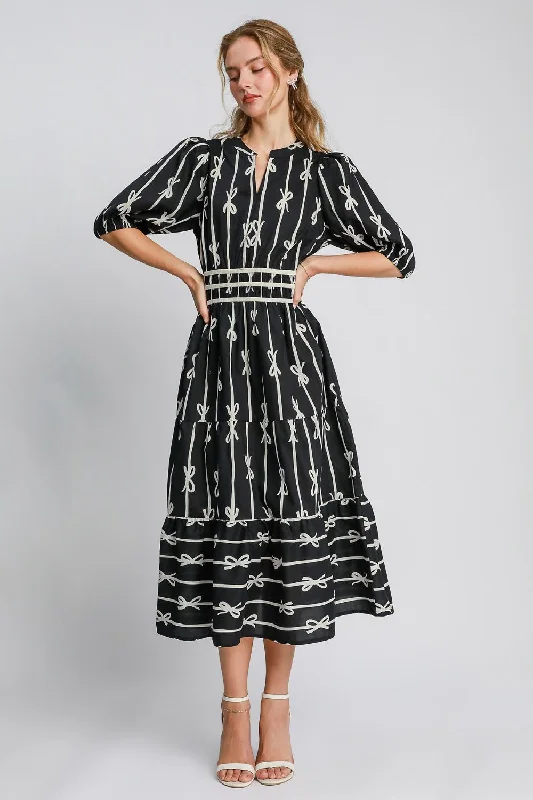 Bow Tie Velvet Trim Midi Dress