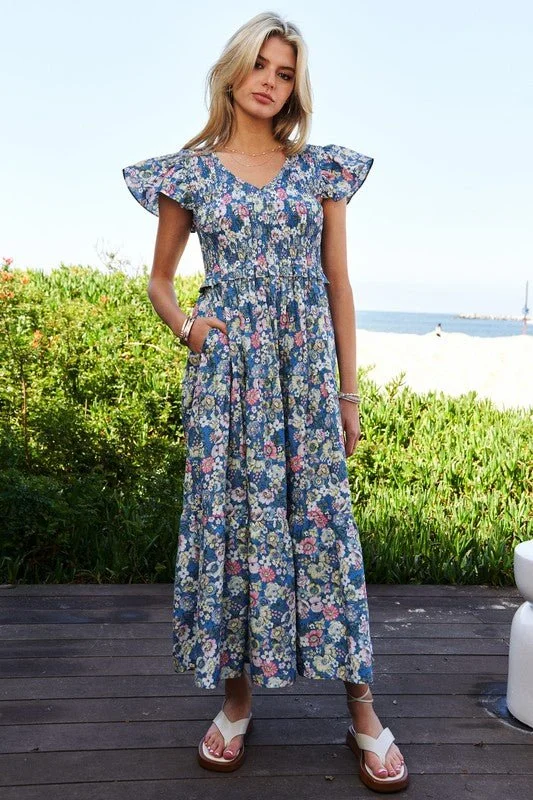 Floral Flutter Sleeve Midi Dress