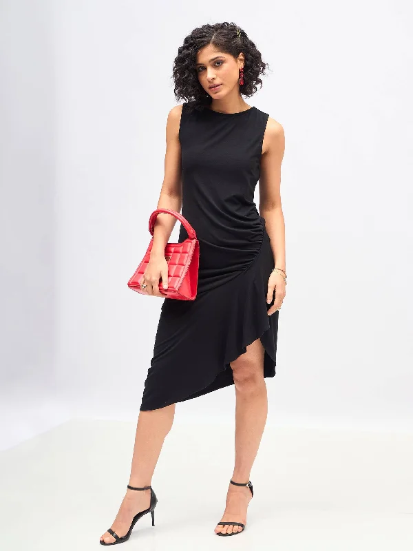 Women Black Box Back Cascade Ruffle Midi Dress