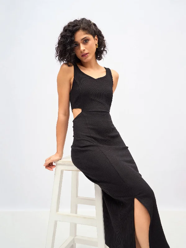 Women Black Rib Waist Cut-Out Midi Dress