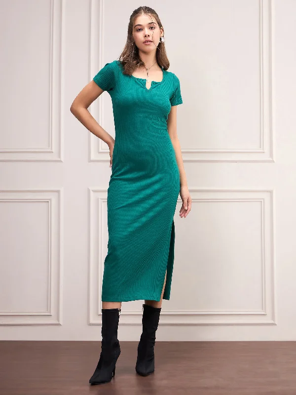 Women Bottle Green Rib V-Neck Midi Dress