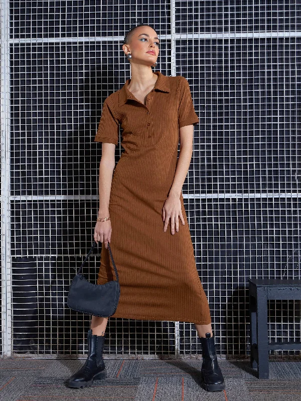 Women Brown Rib Polo Neck Bodycon Midi Dress