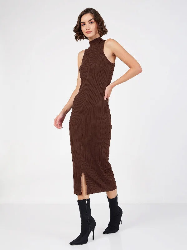 Women Dark Brown Rib Turtle Neck Sleeveless Midi Dress